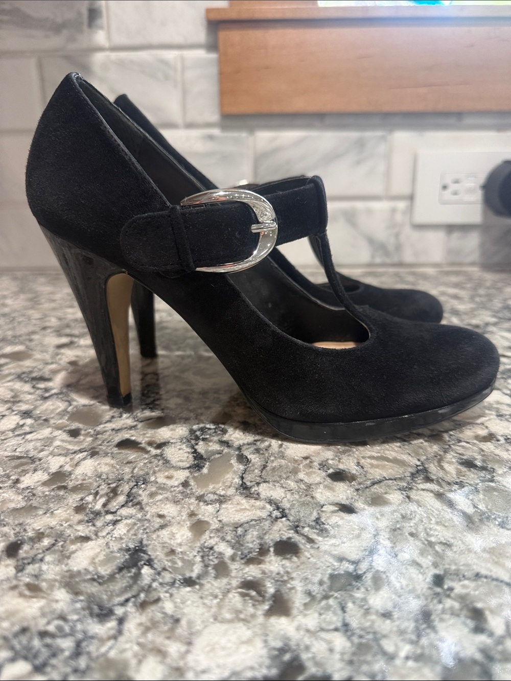 Franco Sarto Black Suede T-Strap High Heel Pumps